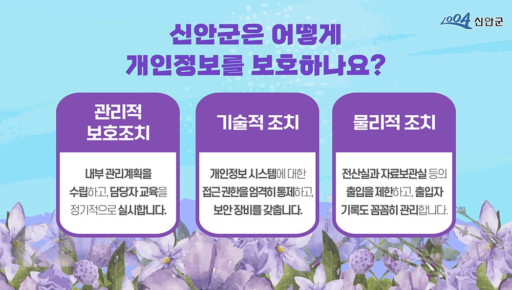 1004신안군 신안군은 어떻게 개인정보를 보호하나요? 관리적 보호조치 - 내부 관리계획을 수립하고, 담당자 교육을 정기적으로 실시합니다. / 기술적 조치 - 개인정보시스템에 대한 접근 권한을 엄격히 통제하고, 보안 장비를 갖춥니다. / 물리적 조치 - 전산실과 ㅈ료보관실 등의 출입을 제한하고, 출입자 기록도 꼼꼼히 관리합니다.