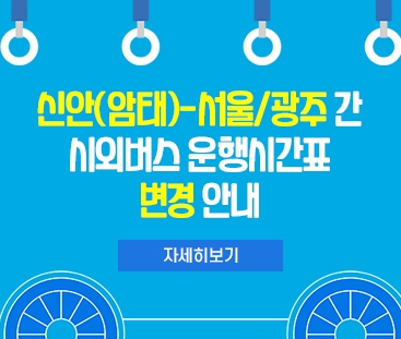 신안(암태)-서울/광주 간 시외버스 운행시간표 변경 안내
자세히보기
(새창열림)
